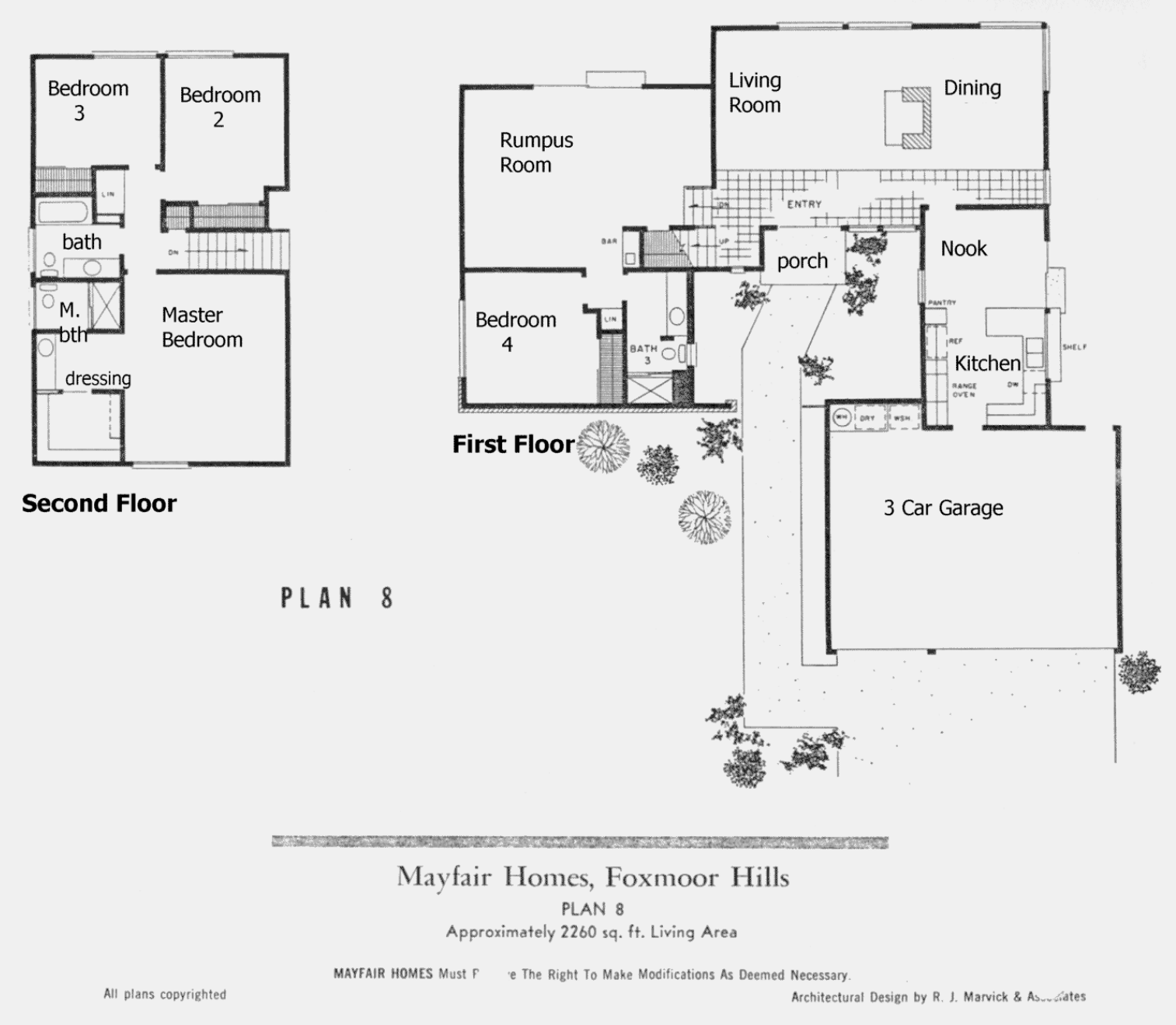 Mayfair Homes Plan 8 floor plan (Foxmoor Hills sheet): two-story, 4 bedrooms, rumpus room, about 2,260 sq ft