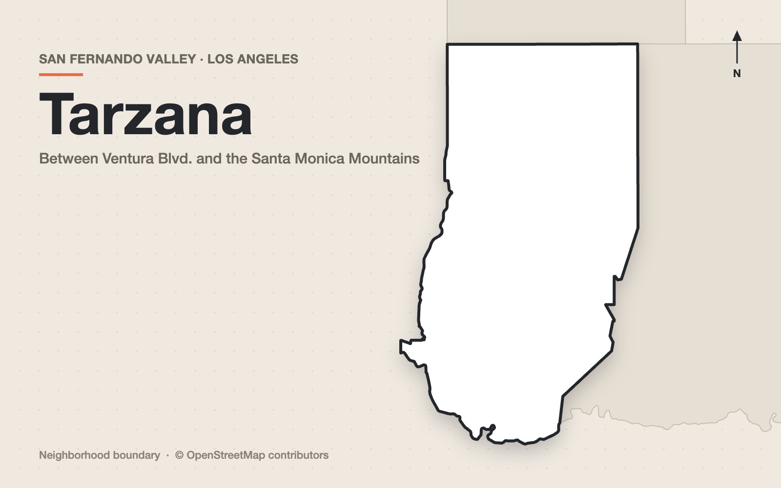 Map outline of the Tarzana neighborhood in the San Fernando Valley, Los Angeles